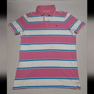 Hollister Pink and White Polo Shirt with Blue Stripes Y2K XL